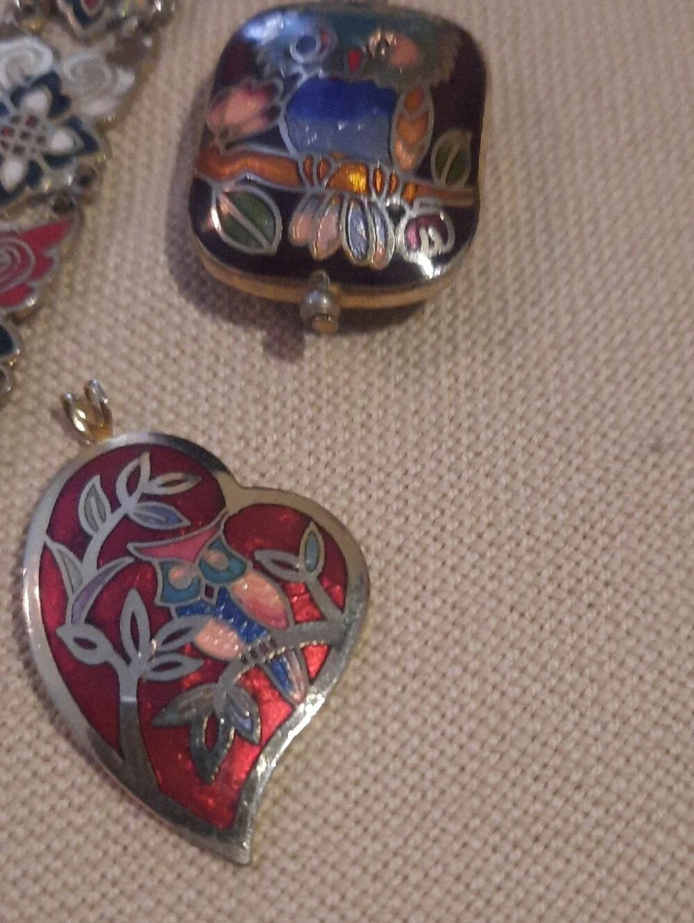 Red and White Floral Enamel Bracelet with Red Owl and Heart Enamel Pendants